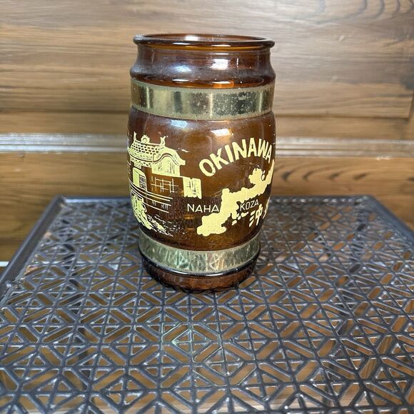 Vintage Siesta‎ Ware Brown Amber Glass Mug Japan’s Okinawa Theme Wooden Handles - Picture 2 of 7